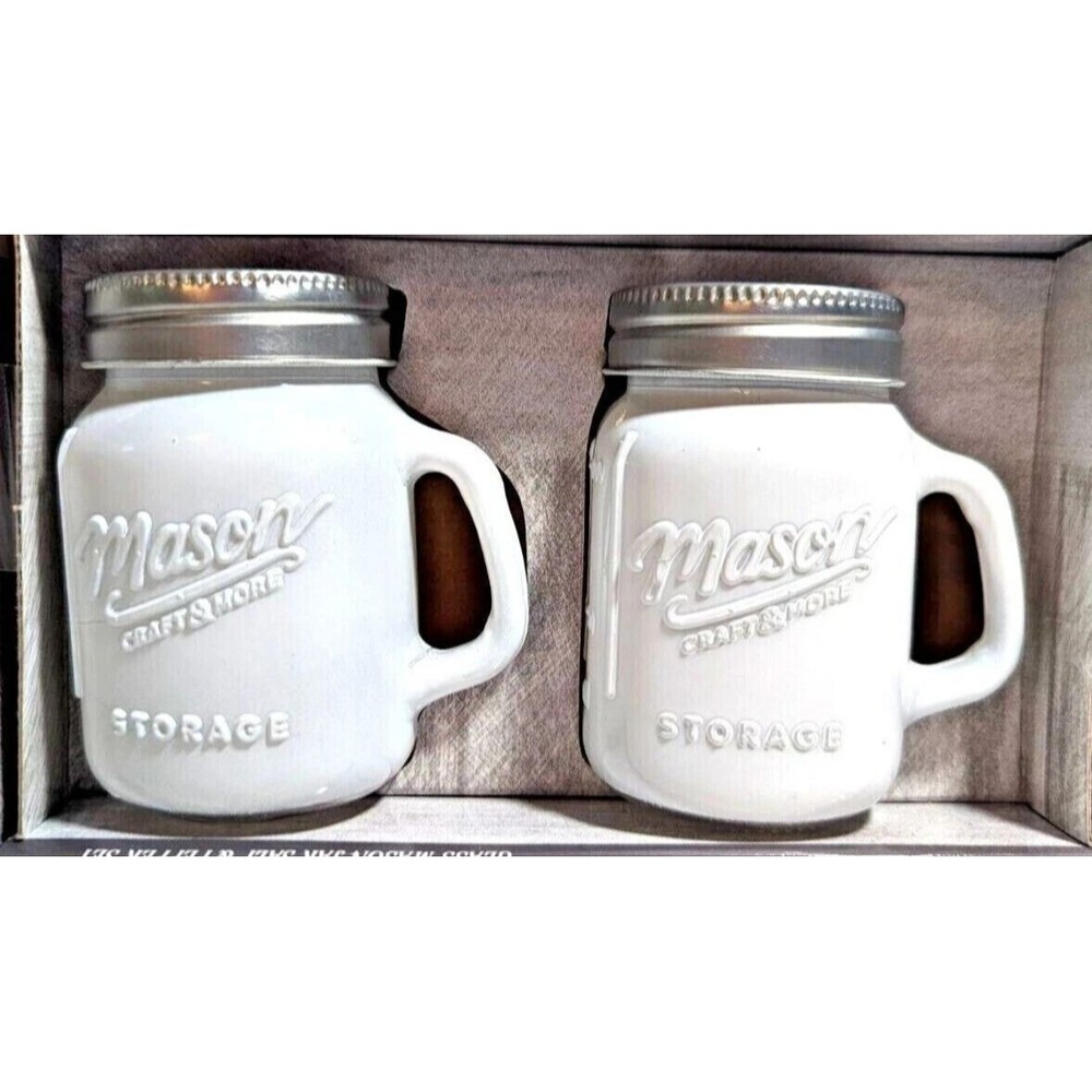 Mason Jars Salt Pepper Shakers White Glass Metal Lids 2-Pc Retro New Home Gift